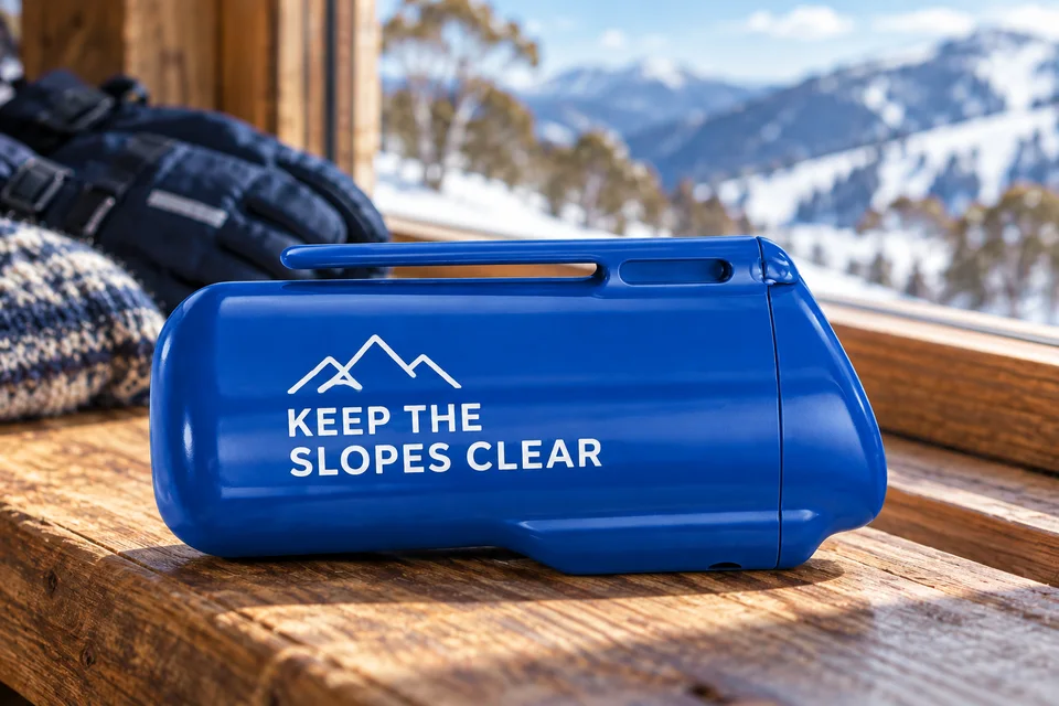 Blue ashtray with Keep the slopes clear campaign concept on a timber ledge overlooking snow