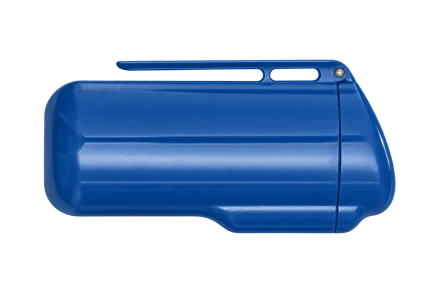 Illustration of a closed blue portable ashtray based on the original Stelco range