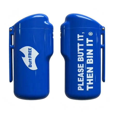 Two blue ashtrays with Butt Free and Please butt it, then bin it printing