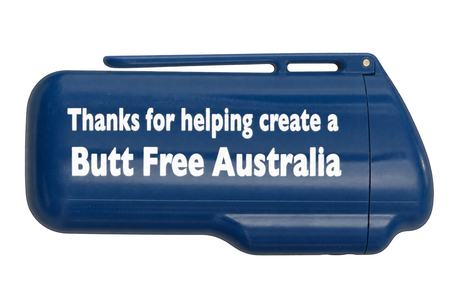 Blue ashtray printed with Thanks for helping create a Butt Free Australia