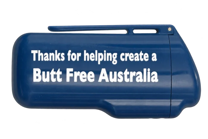 Blue ashtray printed with Thanks for helping create a Butt Free Australia