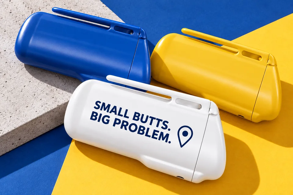 White ashtray with Small butts. Big problem. campaign concept, alongside blue and yellow ashtrays