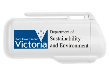White ashtray with Victoria Department of Sustainability and Environment printing