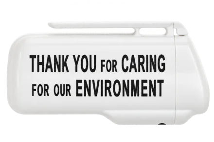 White ashtray printed with Thank you for caring for our environment