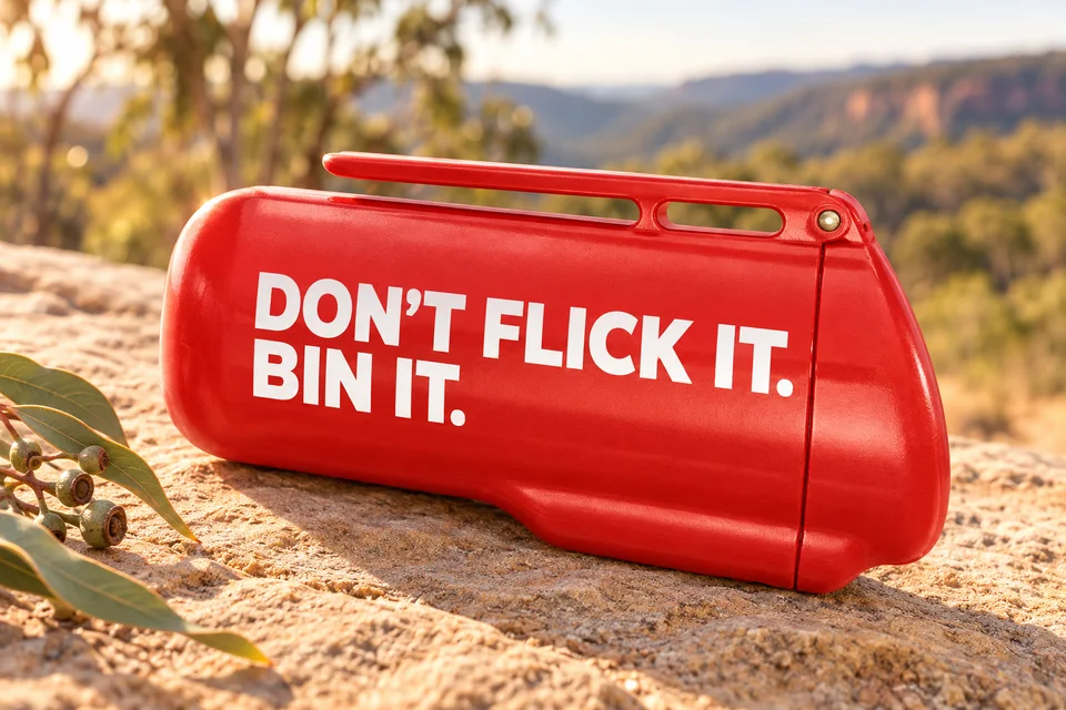Red ashtray with Don’t flick it. Bin it. campaign concept in a bushland setting