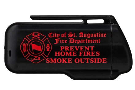 Black ashtray with red City of St Augustine Fire Department printing