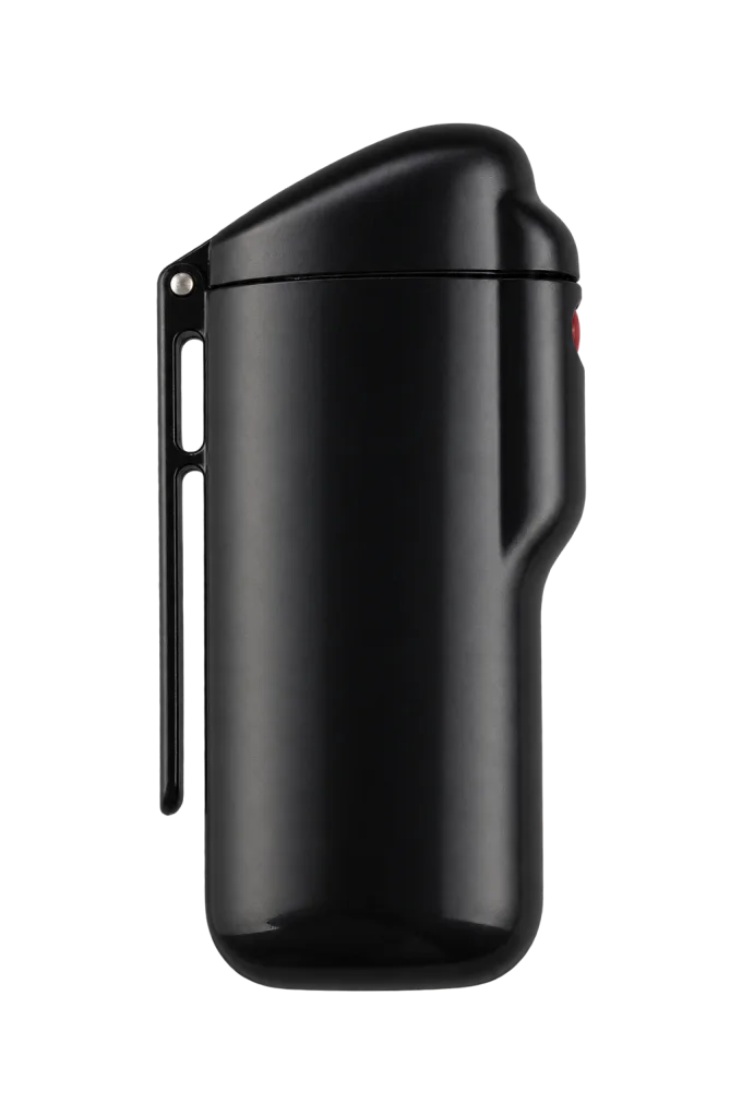 Closed black portable ashtray at an angle, showing its long side clip