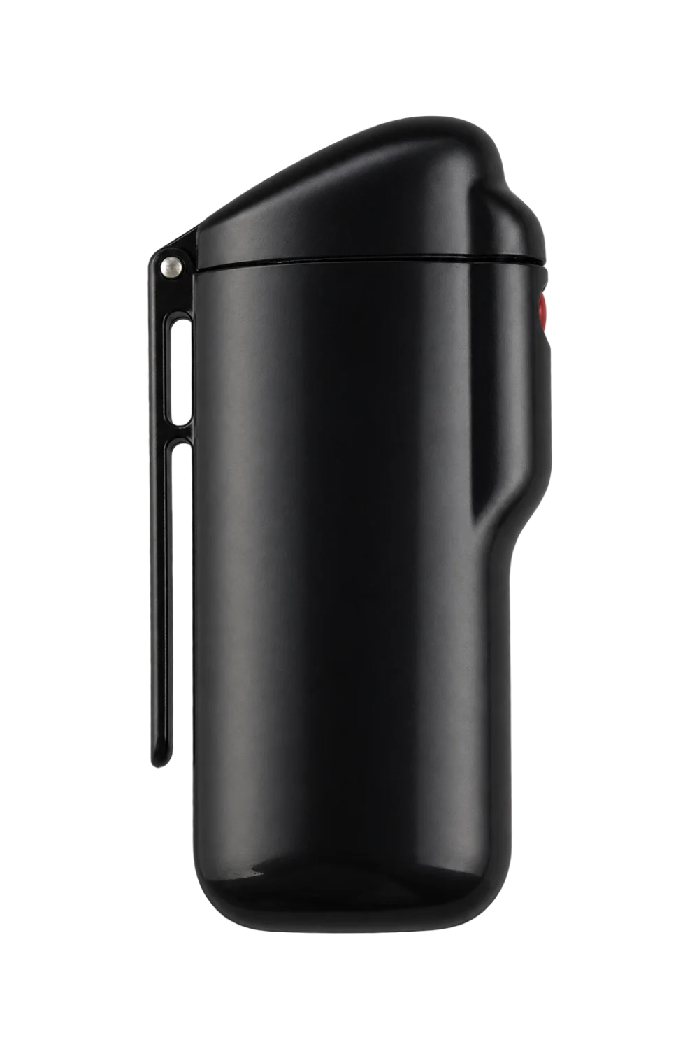 Closed black portable ashtray at an angle, showing its long side clip