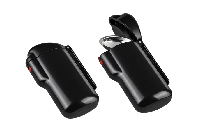 Two black portable ashtrays, one closed and one with its lid open