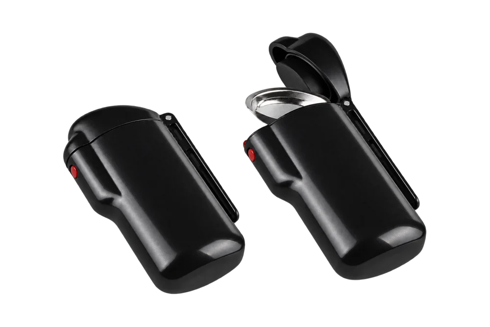 Two black portable ashtrays, one closed and one with its lid open