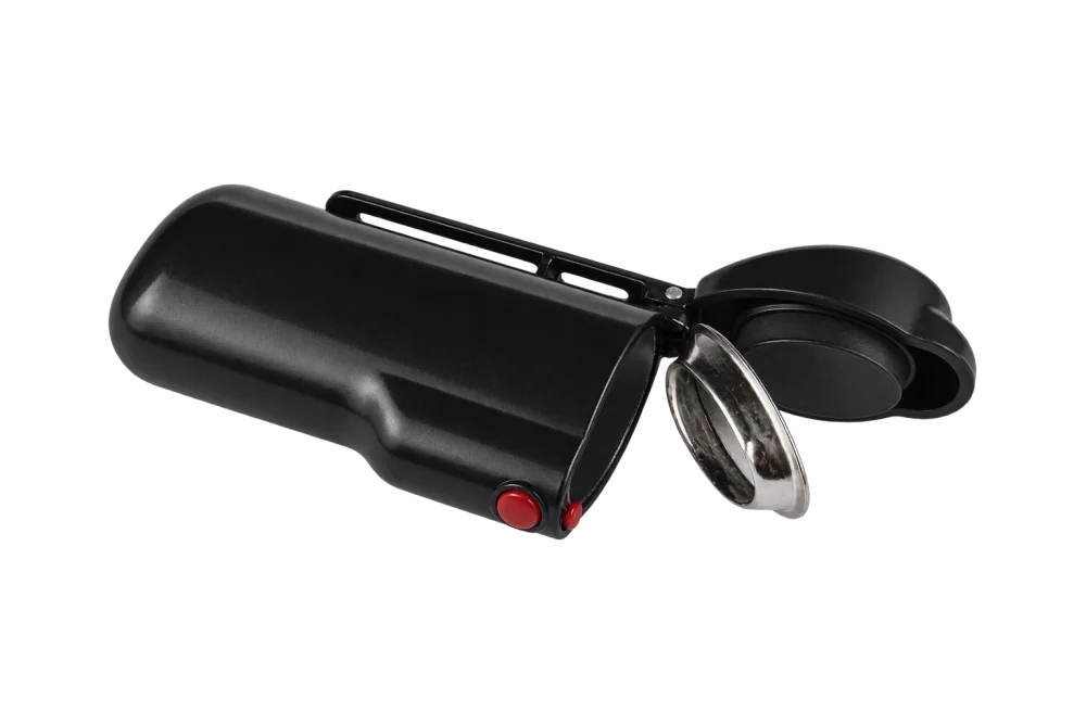 Open black portable ashtray showing the mouth and the inside of the lid