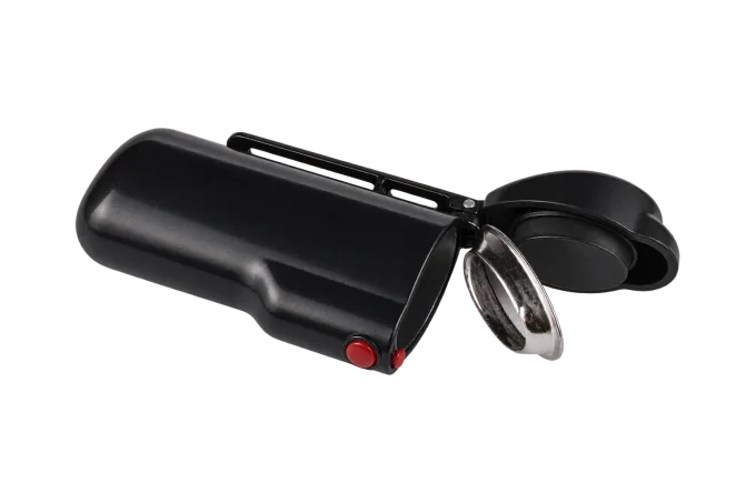 Open black portable ashtray showing the mouth and the inside of the lid