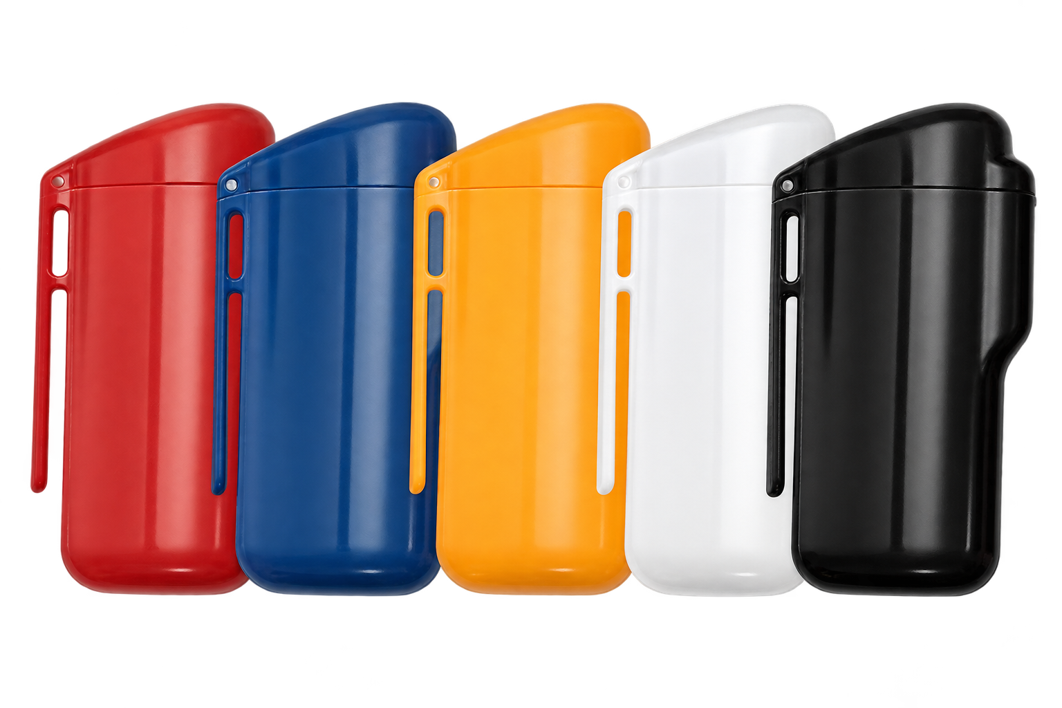 Red, blue, yellow, white and black flip-top ashtrays side by side