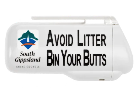 White ashtray with South Gippsland Avoid Litter Bin Your Butts printing