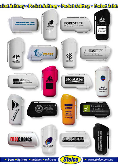 Historical Stelco pocket ashtrays showing a collection of previous printed designs
