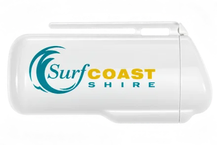 White ashtray with Surf Coast Shire printing