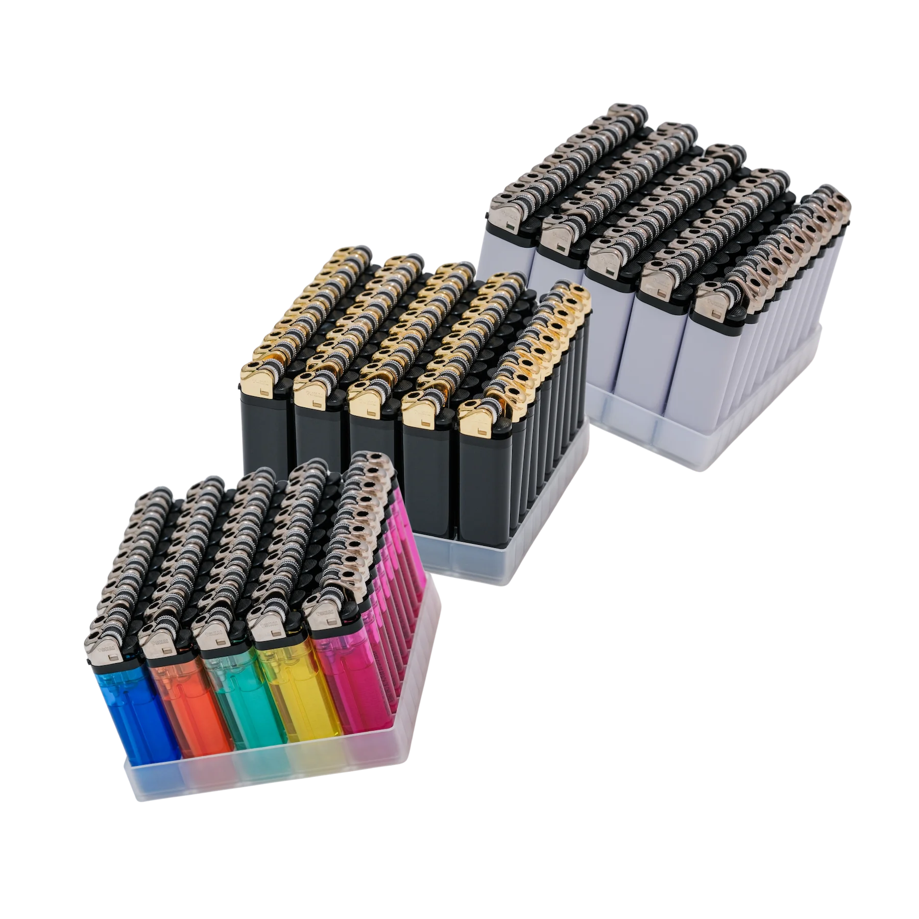 Tokai M13 trays of white, black and transparent-colour lighters