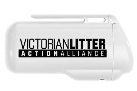 White ashtray with Victorian Litter Action Alliance printing