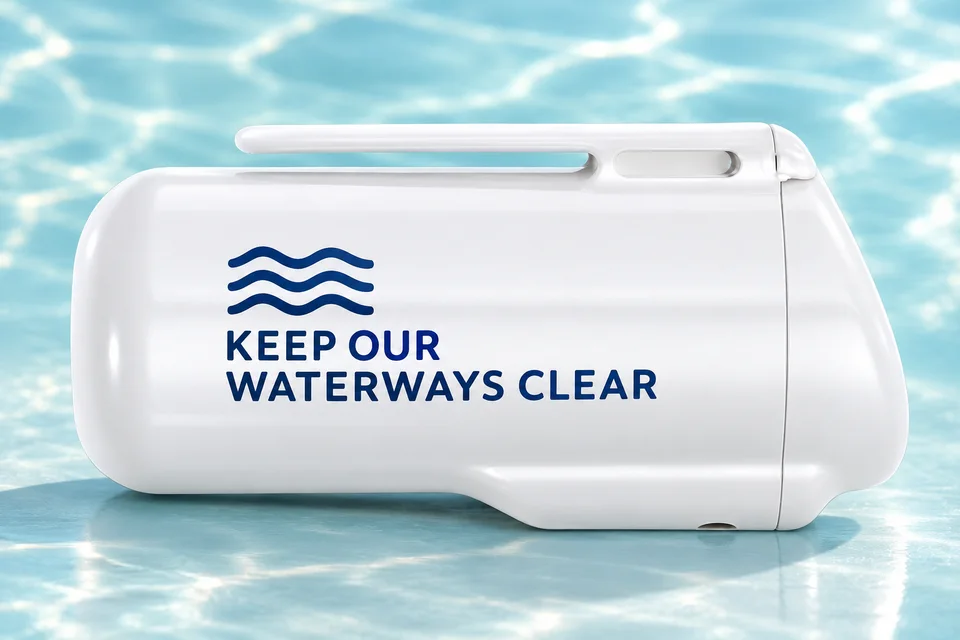 White ashtray with Keep our waterways clear campaign concept on a pale aqua surface