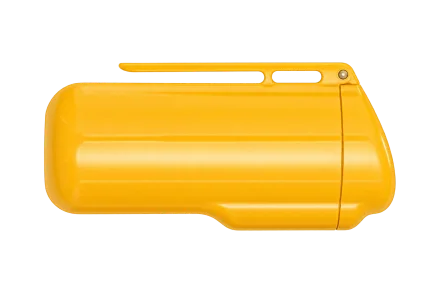 Illustration of a closed yellow portable ashtray based on the original Stelco range